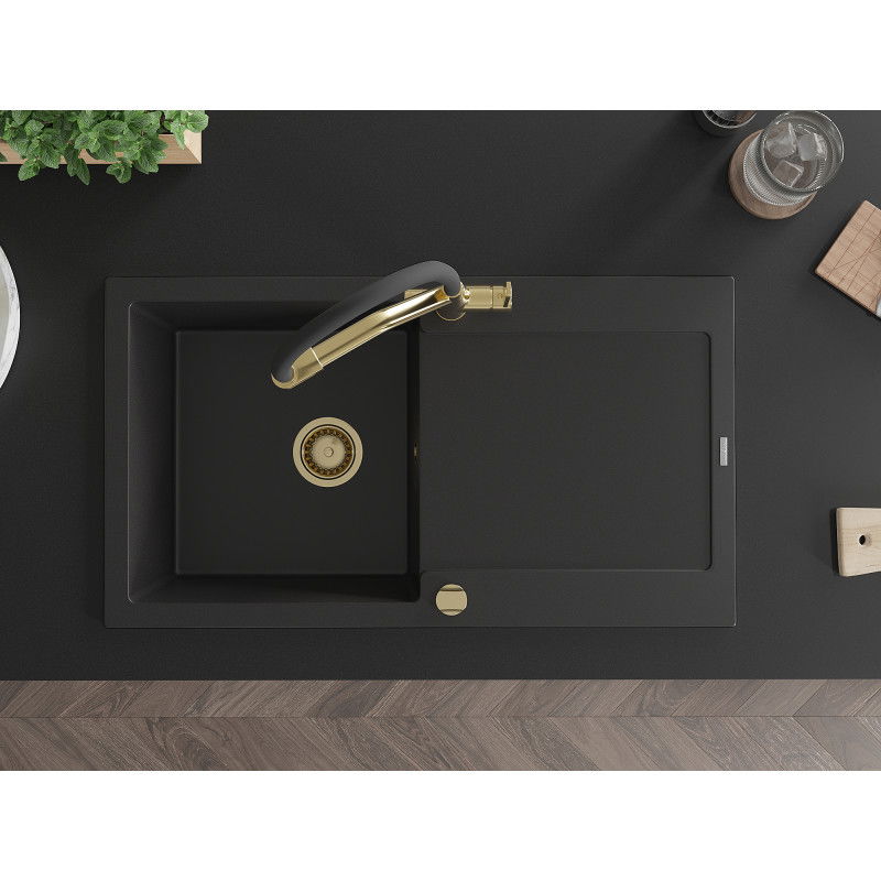 Mexen Leo гранитна мивка с 1 отделение с отцедник и кухненски смесител Duo, черен - 6501-77-671701-57-G
