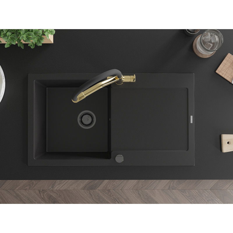 Mexen Leo гранитна мивка с едно корито и сушилня и кухненски смесител Duo, черен - 6501-77-671701-57-B