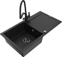 Mexen Leo гранитна мивка с 1 корито и отцедник и кухненски смесител Duo, черен - 6501-77-671701-70-B