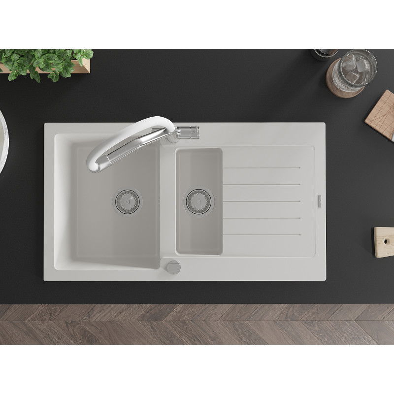 Mexen Matias гранитна мивка с 1,5 камери с отцедник и кухненски смесител Duo, бял - 6502-20-671701-02