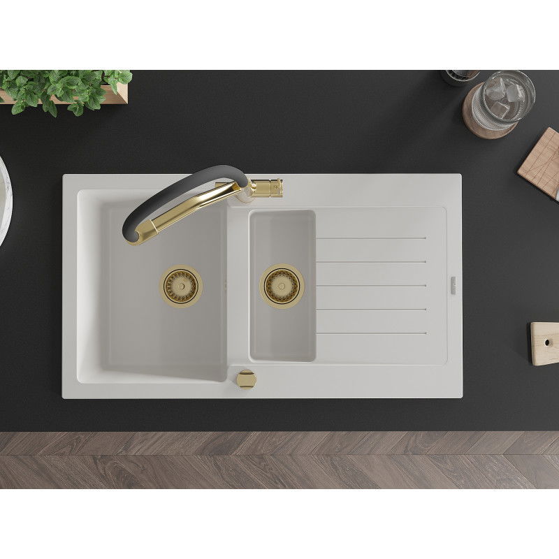 Mexen Matias гранитна мивка 1,5-камерна с отцедник и кухненски смесител Duo, бял - 6502-20-671701-57-G