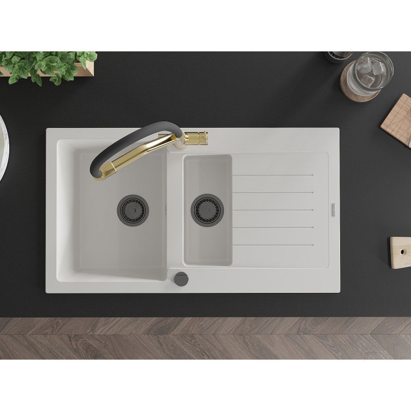 Mexen Matias гранитна мивка с 1,5 камери с отцедник и кухненски смесител Duo, бял - 6502-20-671701-57-B