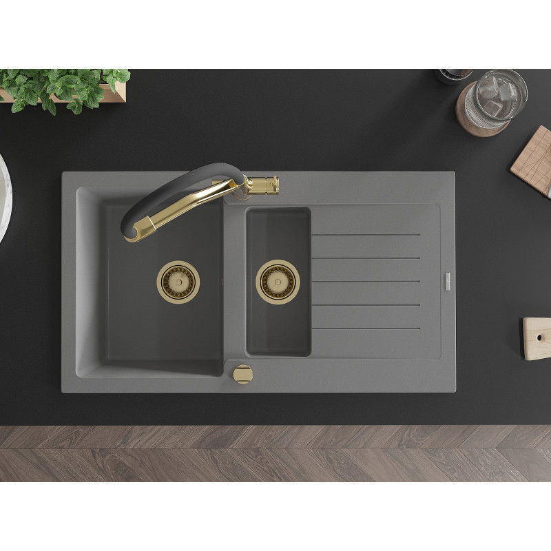 Mexen Matias гранитна мивка с 1,5 камери, с отцедник и кухня смесител Duo, сив - 6502-71-671701-57-G