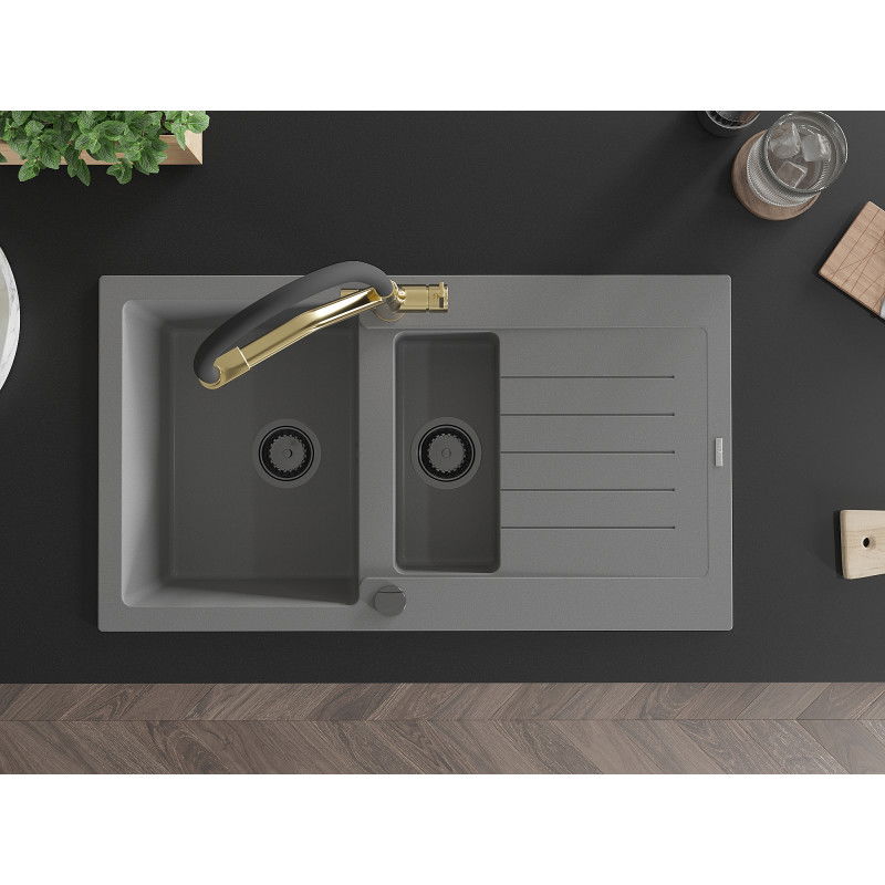 Mexen Matias кухненска мивка от гранит, 1,5 отделение с дренаж и кухненски смесител Duo, сив - 6502-71-671701-57-B
