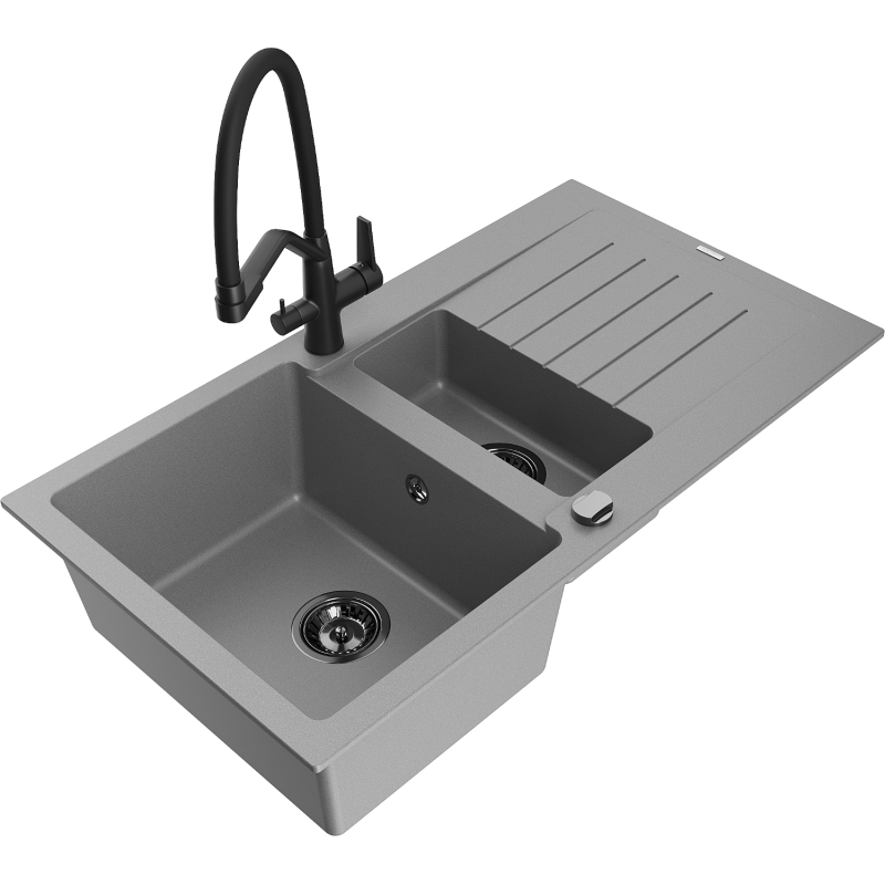 Mexen Matias гранитна мивка 1,5 камери с отцедник и кухненски смесител Duo, сив