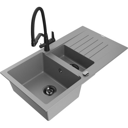 Mexen Matias гранитна мивка 1,5 камери с отцедник и кухненски смесител Duo, сив