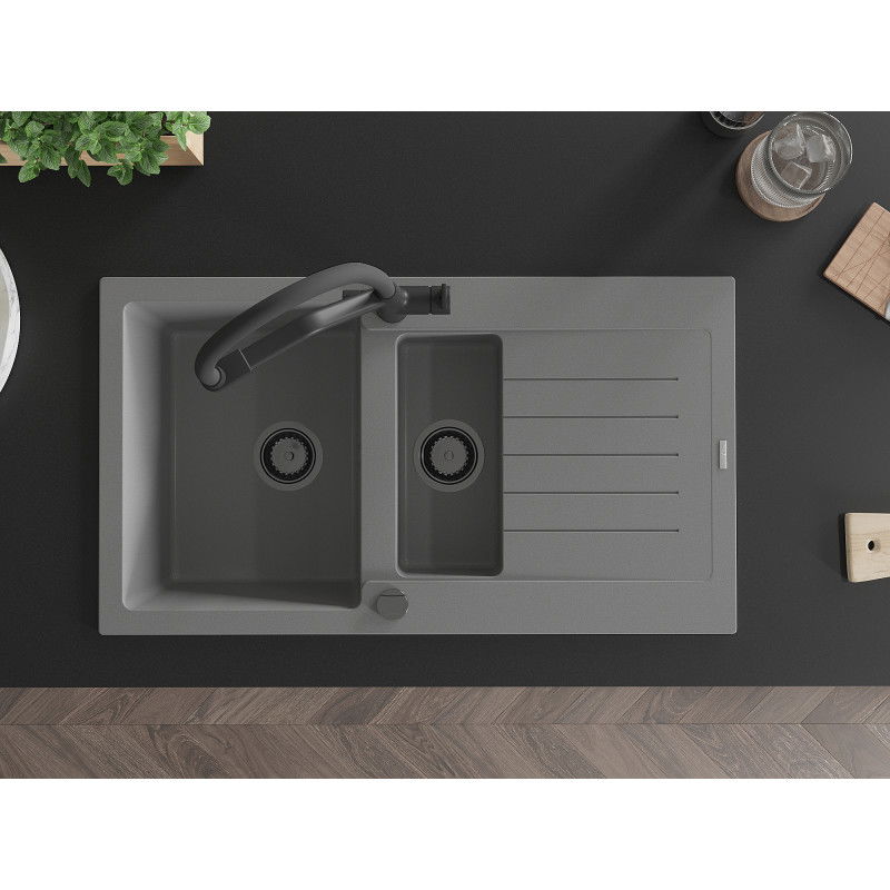 Mexen Matias гранитна мивка 1,5 камери с отцедник и кухненски смесител Duo, сив