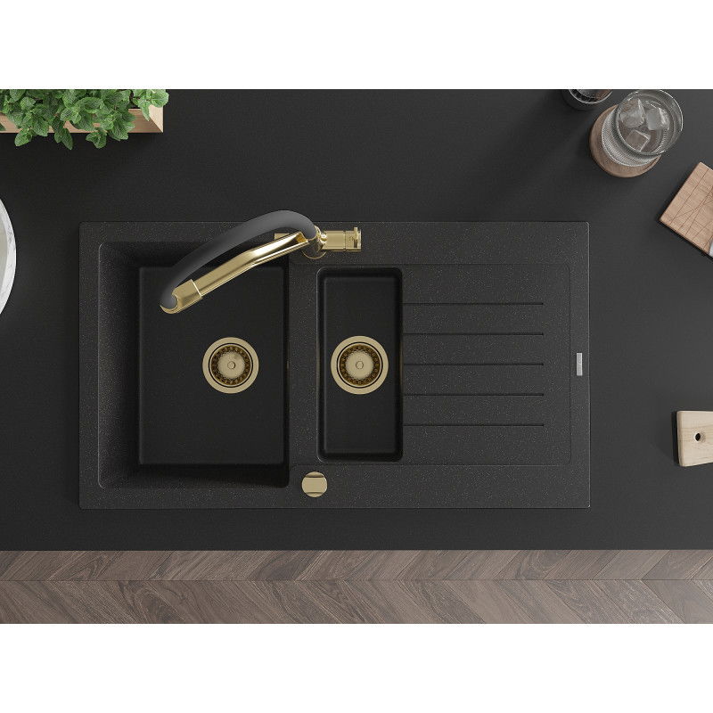 Mexen Matias гранитна мивка с 1,5 отделения с отцедник и кухненски смесител Duo, черно/сребърно - 6502-73-671701-57-G