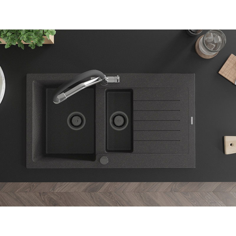 Mexen Matias гранитна кухненска мивка 1,5 камери с отцедник и кухненски смесител Duo, черен на петна - 6502-76-671701-07-B