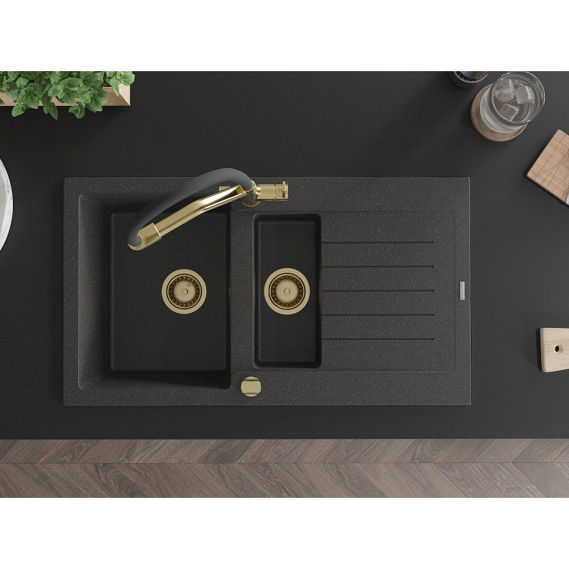 Mexen Matias гранитна мивка с 1,5 камери и отцедник с кухненски смесител Duo, черно на пръски - 6502-76-671701-57-G
