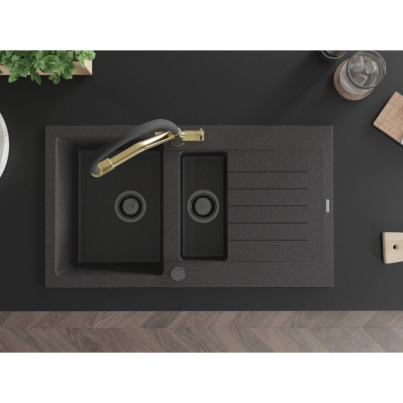 Mexen Matias гранитна мивка 1,5-камерна с отцедник и кухненски смесител Duo, черен на пръски - 6502-76-671701-57-B