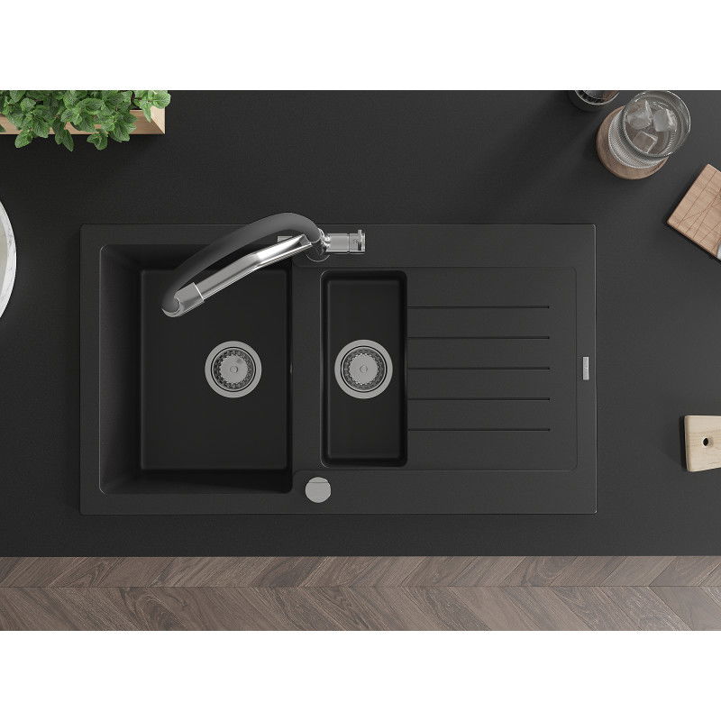 Mexen Matias гранитна мивка 1,5 камери с отцедник и кухненски смесител Duo, черен - 6502-77-671701-07