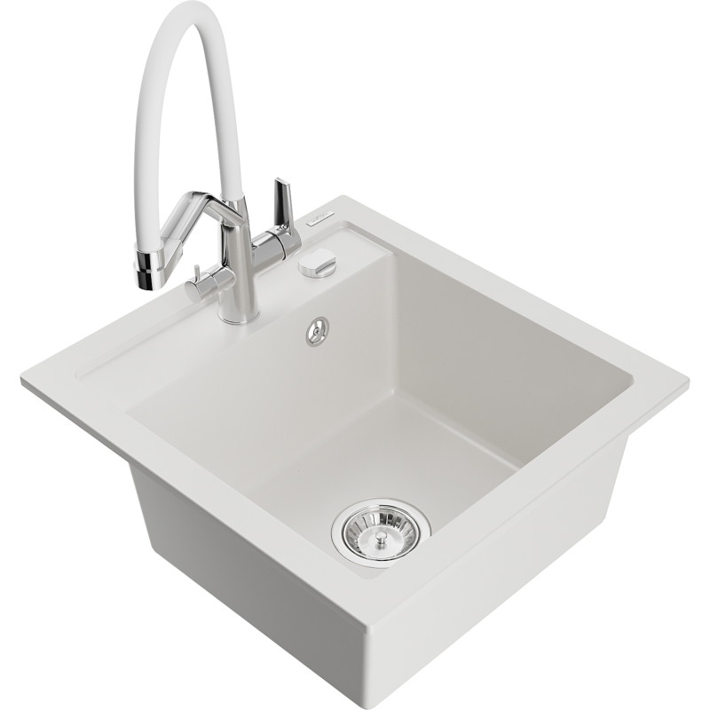 Mexen Vito гранитна мивка с 1 камера и кухненски смесител Duo, бял - 6503-20-671701-02
