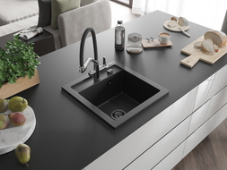 Mexen Vito гранитна кухненска мивка с 1 отделение и кухненски смесител Duo, черен/сребърен металик - 6503-73-671701-07-B