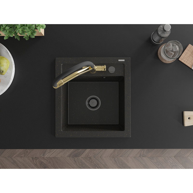 Mexen Vito гранитна мивка с 1 отделение с кухненски смесител Duo, черен/златен металик - 6503-75-671701-57-B