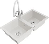 Mexen Mario гранитна кухненска мивка с 2 камери и смесител Duo, бял - 6504-20-671701-02