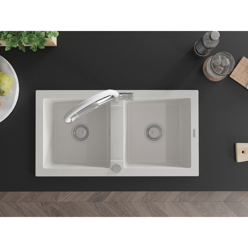 Mexen Mario гранитна кухненска мивка с 2 камери и смесител Duo, бял - 6504-20-671701-02