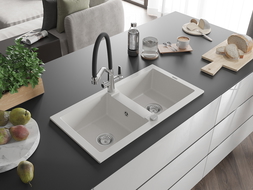 Mexen Mario кухненска мивка от гранит с 2 отделения с кухненски смесител Duo, бял - 6504-20-671701-07
