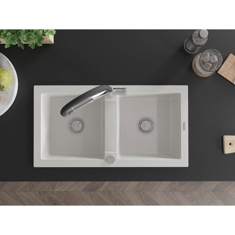 Mexen Mario кухненска мивка от гранит с 2 отделения с кухненски смесител Duo, бял - 6504-20-671701-07