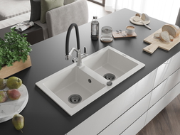 Mexen Mario двоен кухненски мивка от гранит с кухненски смесител Duo, бял - 6504-20-671701-07-B