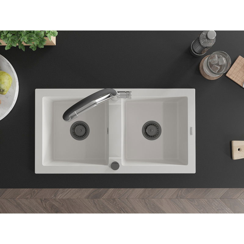 Mexen Mario двоен кухненски мивка от гранит с кухненски смесител Duo, бял - 6504-20-671701-07-B
