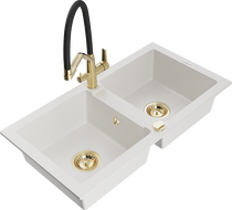 Mexen Mario двоен гранитен мивка с кухненски смесител Duo, бял - 6504-20-671701-57-G