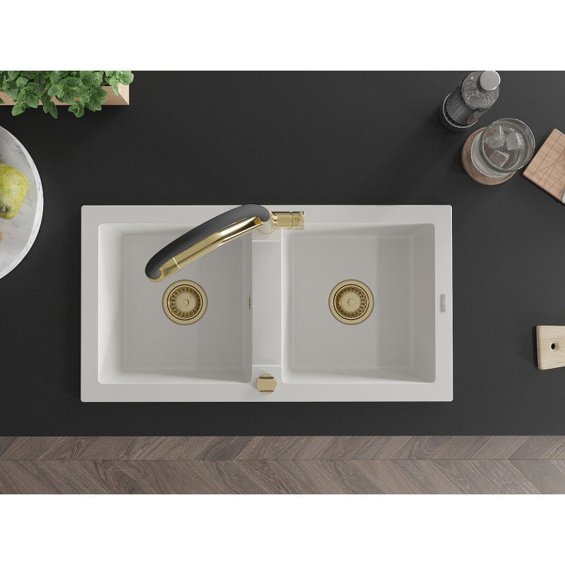 Mexen Mario двоен гранитен мивка с кухненски смесител Duo, бял - 6504-20-671701-57-G