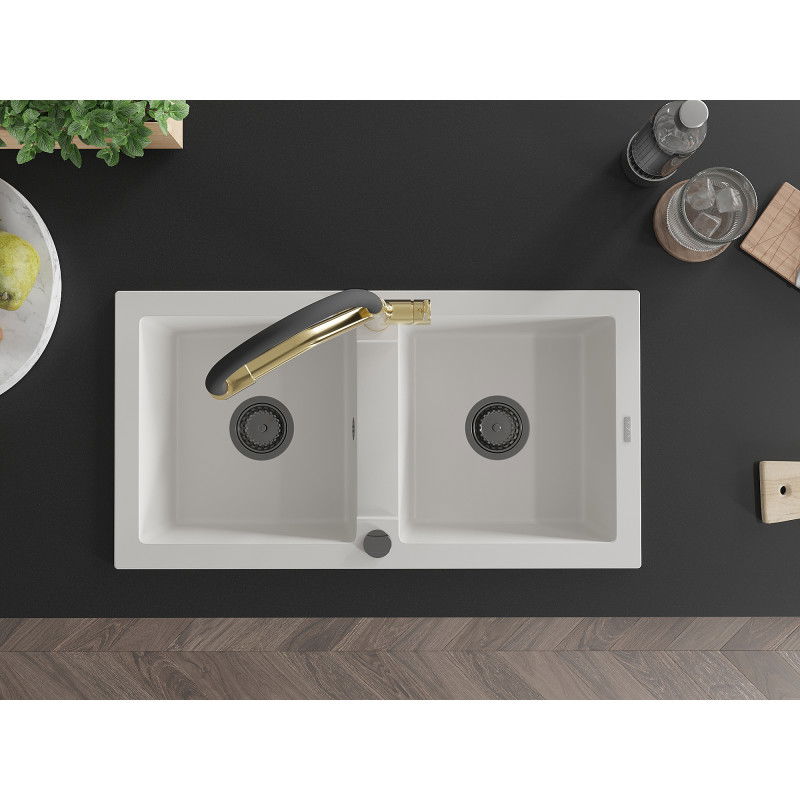 Mexen Mario гранитна мивка с 2 камери с кухненски смесител Duo, бял - 6504-20-671701-57-B