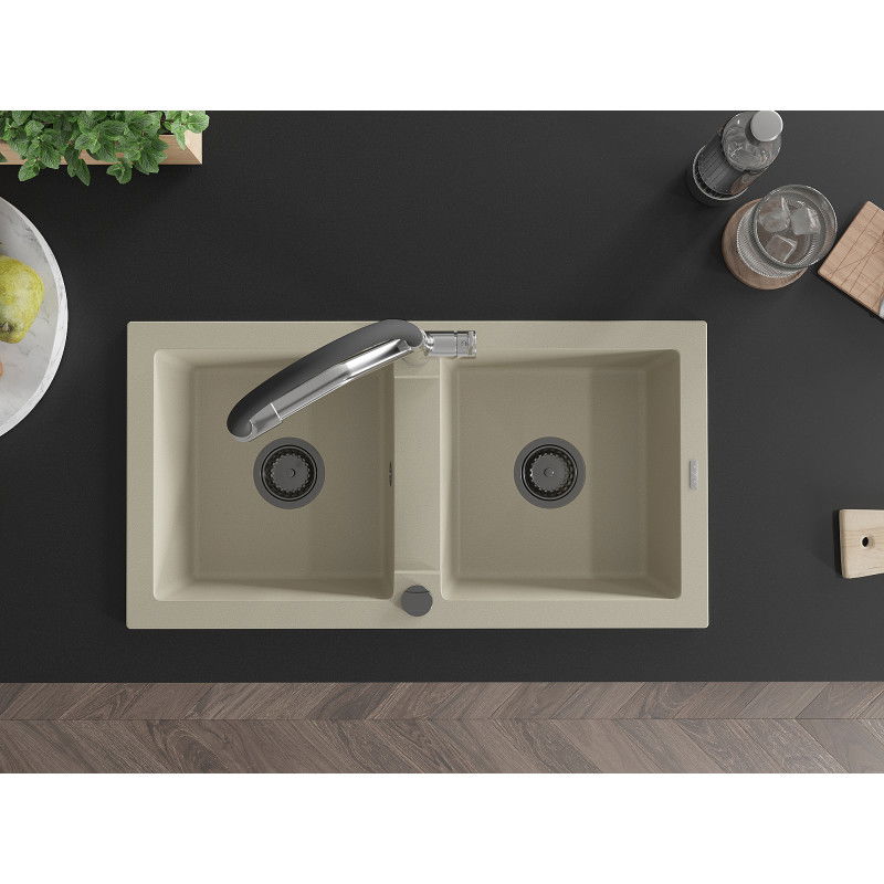 Mexen Mario двукоморна гранитна кухненска мивка с кухненски смесител Duo, бежов - 6504-69-671701-07-B
