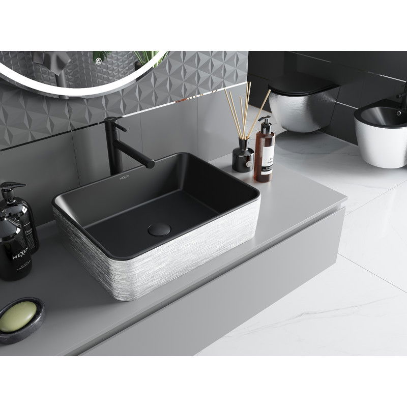 Mexen Catia мивка за плот 48 x 37 см, черен мат/сребърен модел линии - 21314873