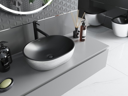 Mexen Viki умивалник за поставяне върху плот 48 x 35 cm, черен мат/сребърен дизайн линии - 21054873