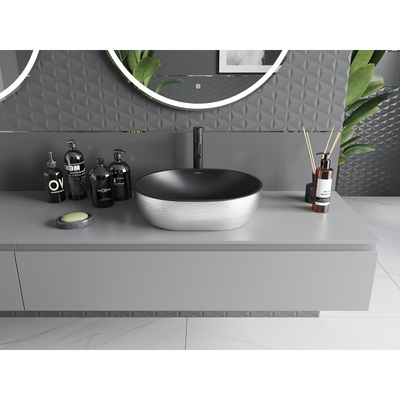 Mexen Viki мивка върху плот 48 x 35 см, черен мат/сребърен линия мотив - 21054873