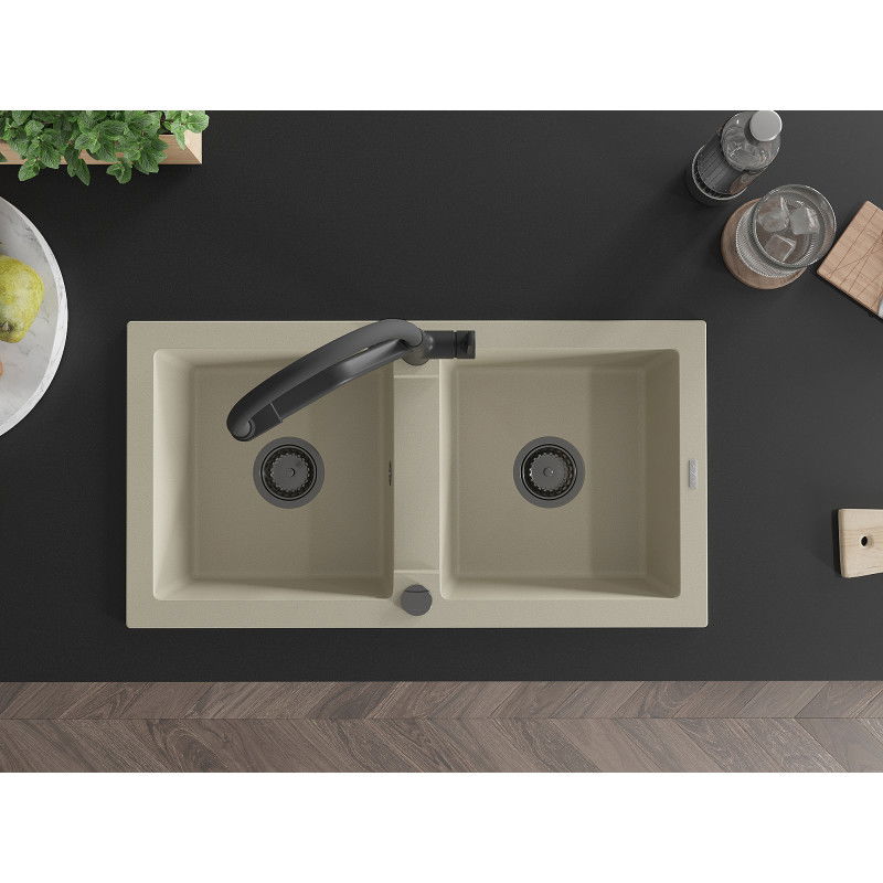 Mexen Mario гранитна мивка с 2 отделения и кухненски смесител Duo, бежов - 6504-69-671701-70-B