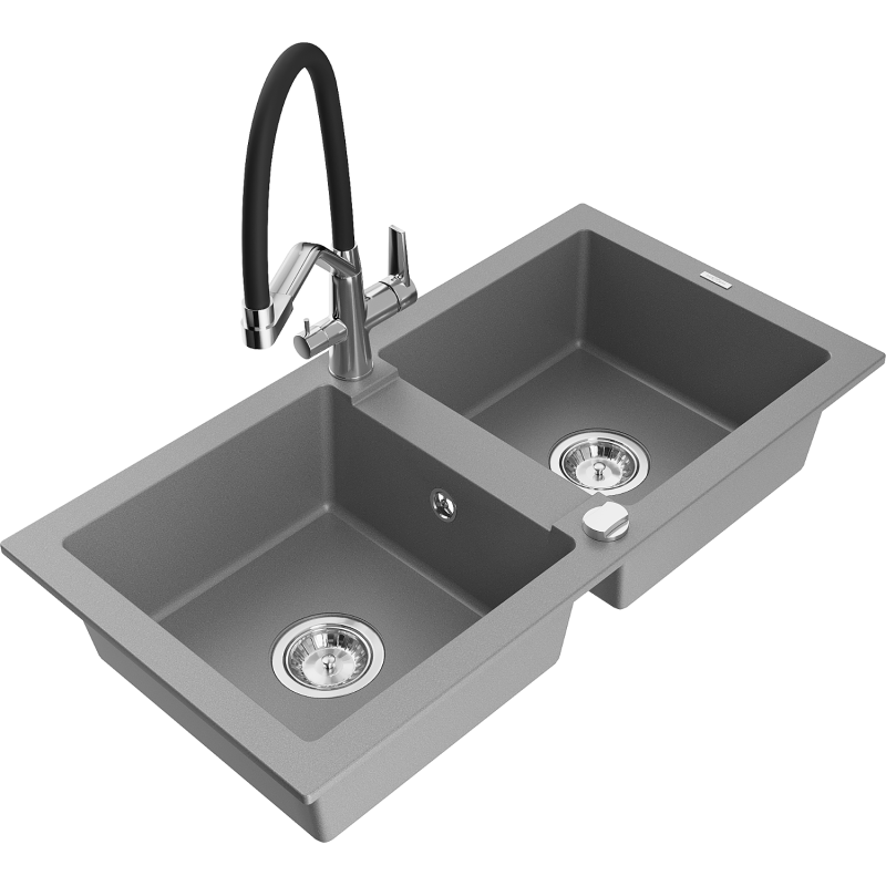 Mexen Mario гранитна мивка с 2 камери с кухненски смесител Duo, сив - 6504-71-671701-07