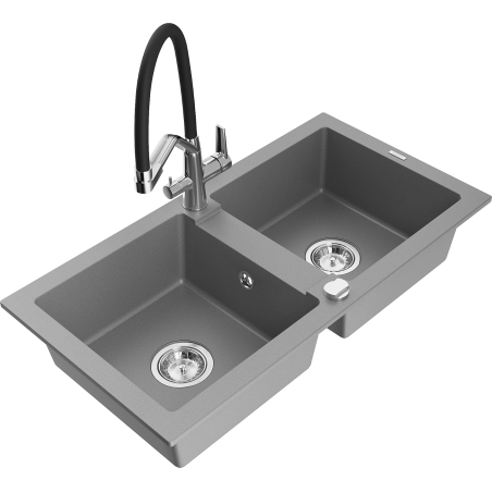 Mexen Mario гранитна мивка с 2 камери с кухненски смесител Duo, сив - 6504-71-671701-07