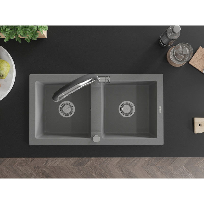 Mexen Mario гранитна мивка с 2 камери с кухненски смесител Duo, сив - 6504-71-671701-07