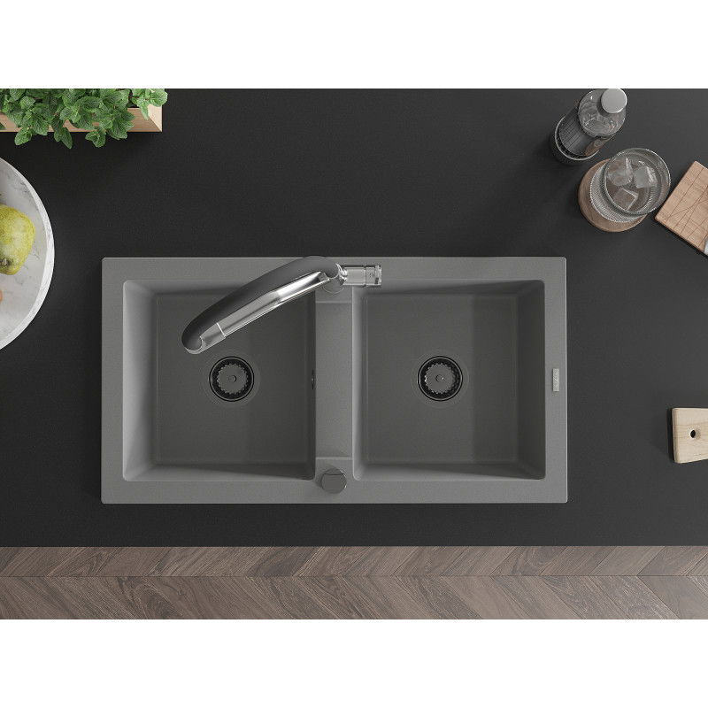 Mexen Mario двукамерна кухненска мивка от гранит с кухненски смесител Duo, сива - 6504-71-671701-07-B