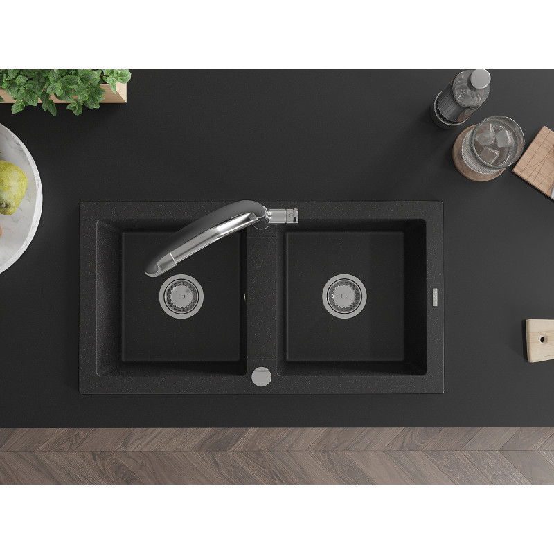 Mexen Mario гранитна мивка с 2 камери с кухненски смесител Duo, черен/сребърен металик - 6504-73-671701-07