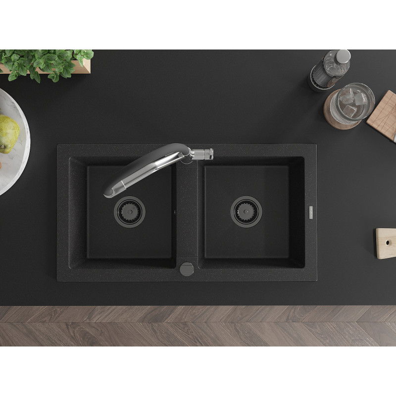 Mexen Mario гранитна мивка с 2 отделения с кухненски смесител Duo, черен/сребърен металик - 6504-73-671701-07-B