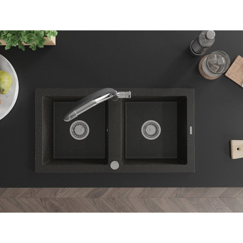 Mexen Mario гранитна мивка с 2 камери и кухненски смесител Duo, черен/златен металик - 6504-75-671701-07