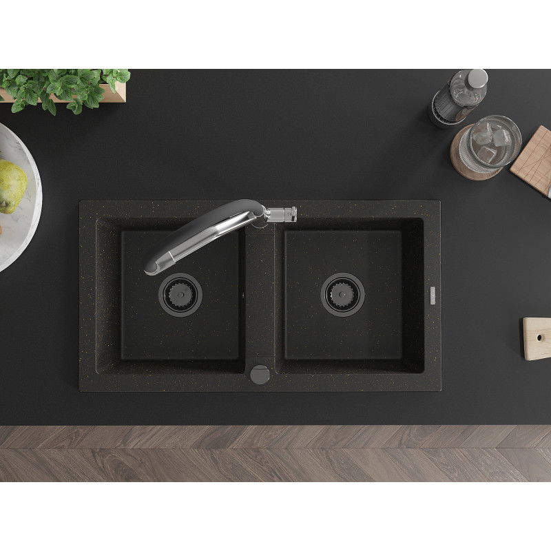 Mexen Mario гранитна мивка 2-камерна с кухненски смесител Duo, черен/златен металик - 6504-75-671701-07-B