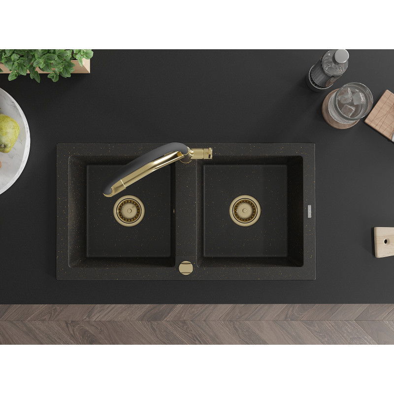 Mexen Mario гранитна мивка с 2 отделения и кухненски смесител Duo, черен/златист металик - 6504-75-671701-57-G