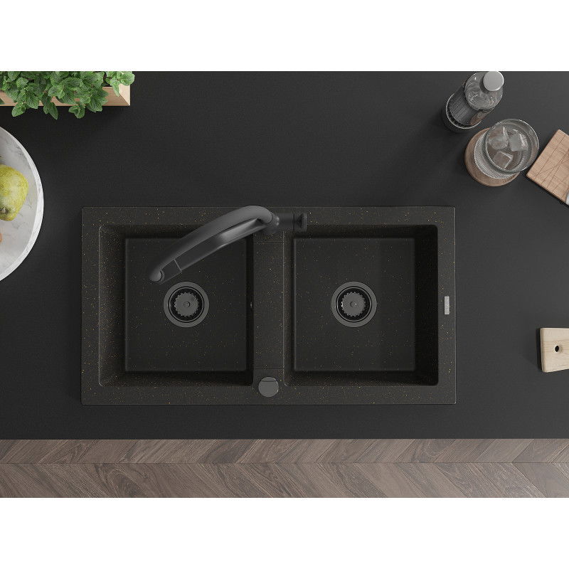 Mexen Mario гранитна мивка с 2 камери с кухненски смесител Duo, черен/златист металик - 6504-75-671701-70-B