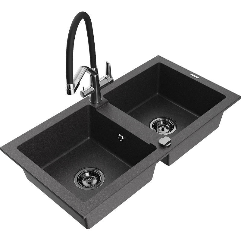 Mexen Mario гранитна кухненска мивка с 2 отделения и батерия Duo, черен на