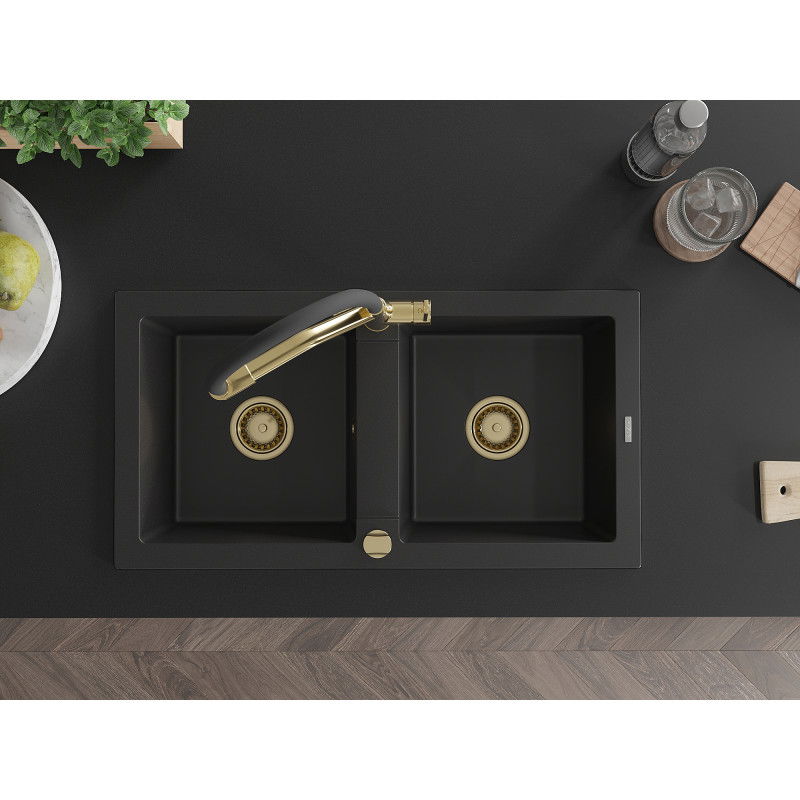 Mexen Mario гранитна мивка с 2 камери и кухненски смесител Duo, черен - 6504-77-671701-57-G