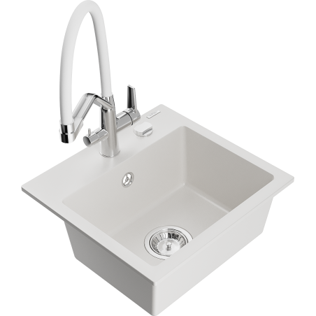 Mexen Milo гранитна кухненска мивка с една камера и кухненски смесител Duo, бяла - 6505-20-671701-02