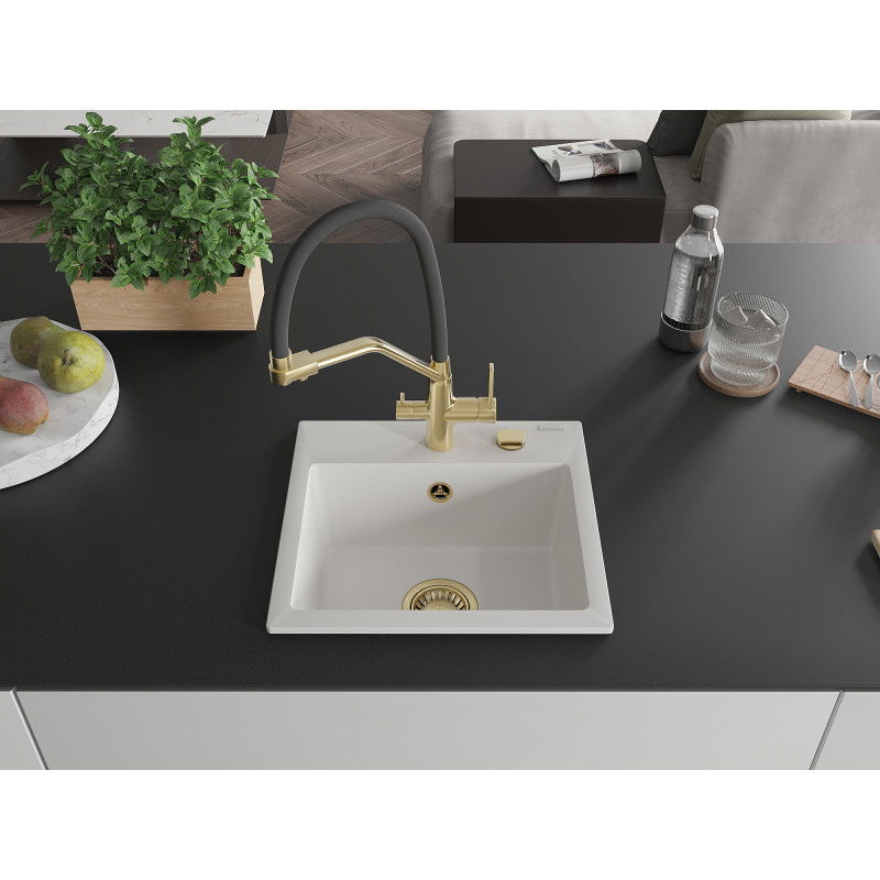 Mexen Milo мивка гранитна 1-корпусна с кухненски смесител Duo, бял - 6505-20-671701-57-G