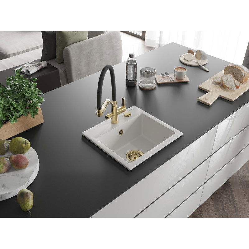 Mexen Milo мивка гранитна 1-корпусна с кухненски смесител Duo, бял - 6505-20-671701-57-G