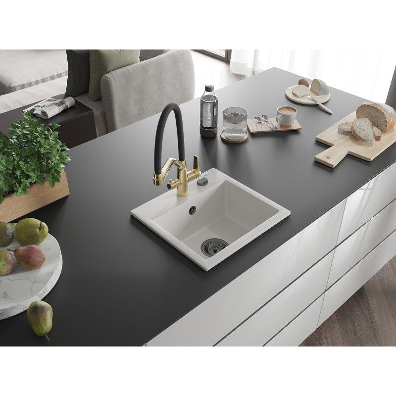 Mexen Milo Гранитна мивка с 1 отделение с кухненски смесител Duo, бял - 6505-20-671701-57-B