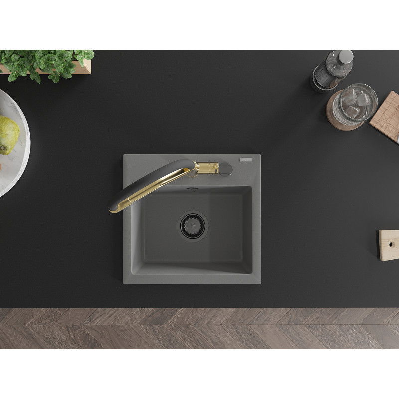 Mexen Milo гранитна кухненска мивка с 1 отделение и кухненски смесител Duo, сива - 6505-71-671701-57-B
